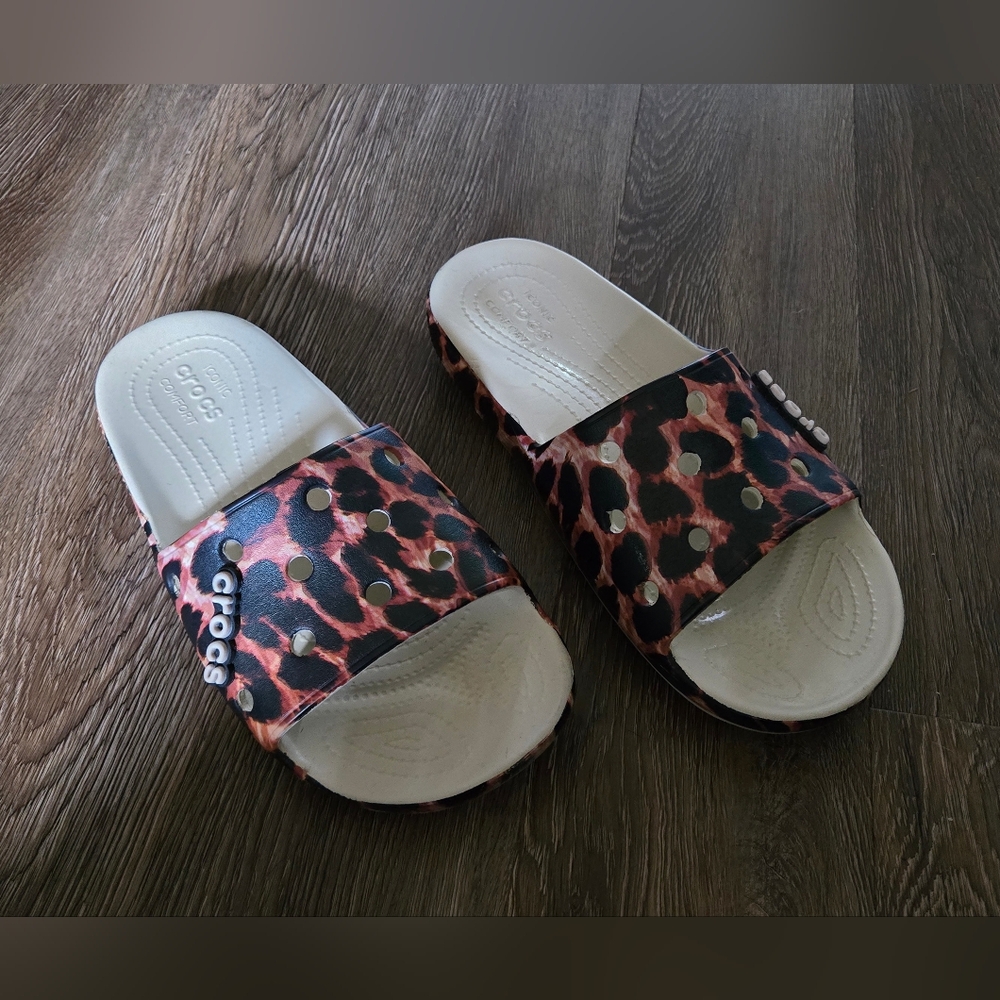 CROCS Brown and Black Sandals Leopard Print